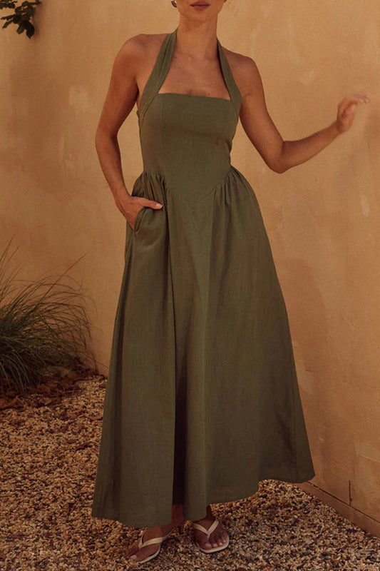 Vestidos sexis sin mangas con cuello halter y bolsillos sólidos