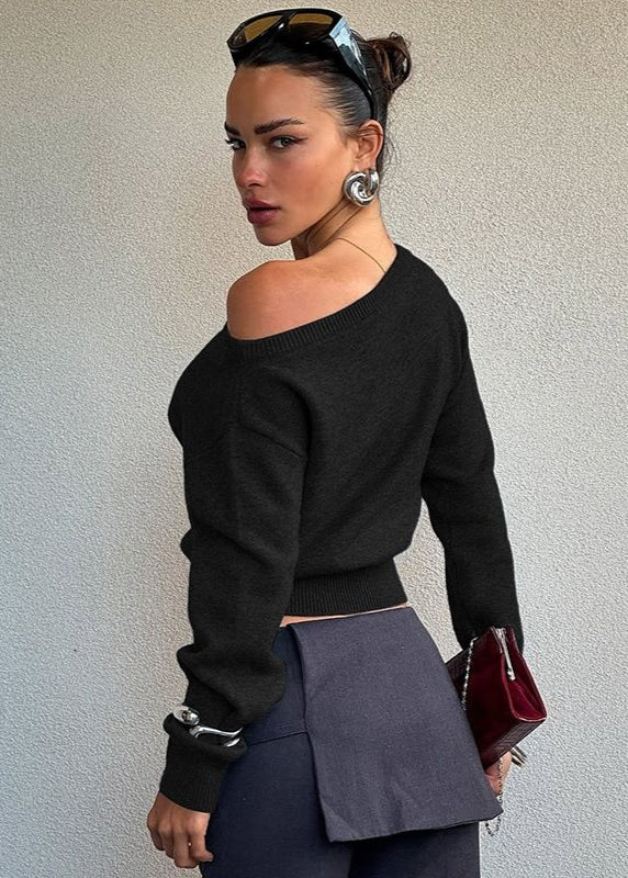 Off-Shoulder Cropped Knit Sweater – Minimalist Elegance