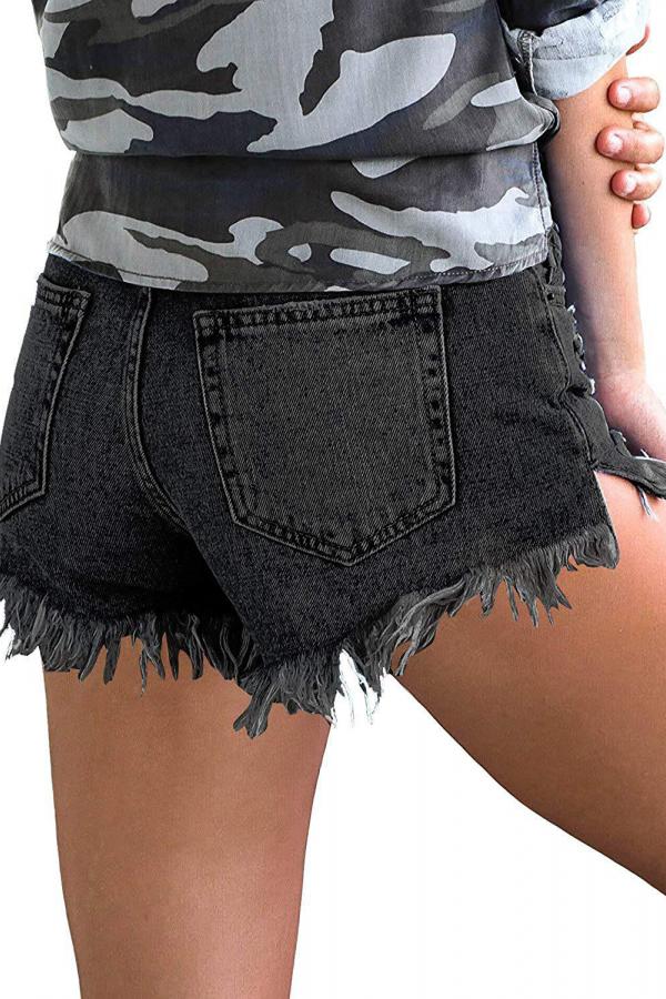 Pantalones cortos rectos lisos con abertura y parches de retazos sin mangas con cremallera en la bragueta de mezclilla