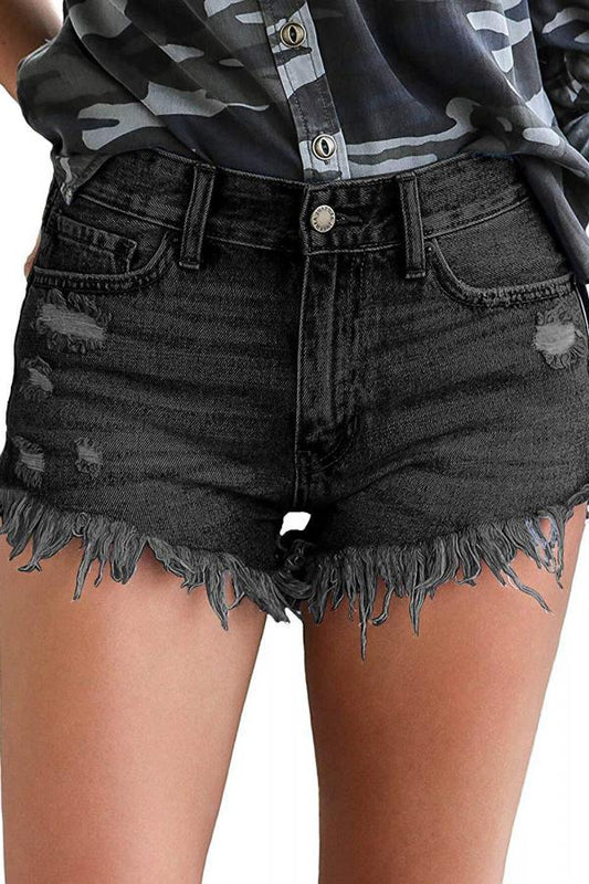 Pantalones cortos rectos lisos con abertura y parches de retazos sin mangas con cremallera en la bragueta de mezclilla