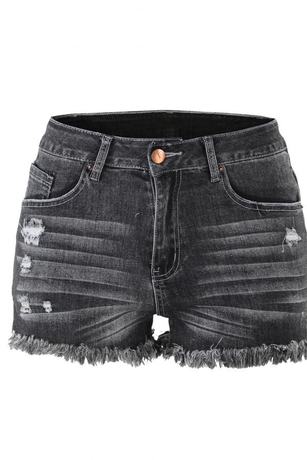 Pantalones cortos rectos lisos con abertura y parches de retazos sin mangas con cremallera en la bragueta de mezclilla