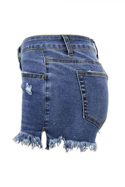 Pantalones cortos rectos lisos con abertura y parches de retazos sin mangas con cremallera en la bragueta de mezclilla