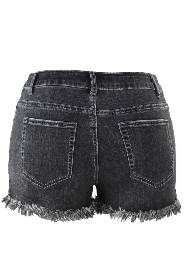 Pantalones cortos rectos lisos con abertura y parches de retazos sin mangas con cremallera en la bragueta de mezclilla