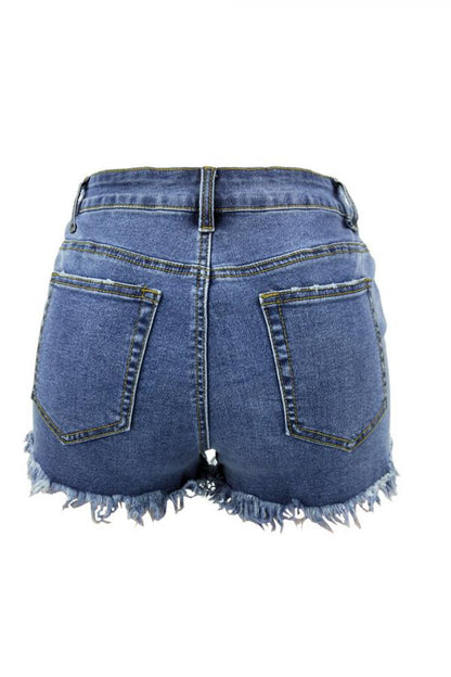 Pantalones cortos rectos lisos con abertura y parches de retazos sin mangas con cremallera en la bragueta de mezclilla