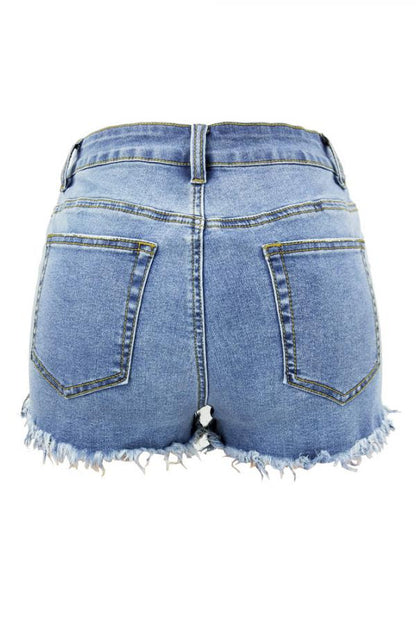 Pantalones cortos rectos lisos con abertura y parches de retazos sin mangas con cremallera en la bragueta de mezclilla