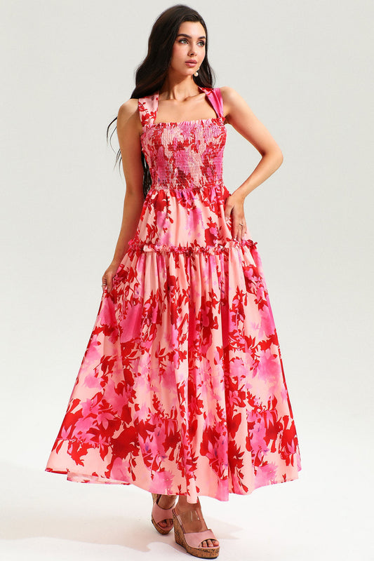 Vestido midi de tirantes elástico fruncido con estampado floral 