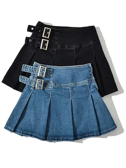 Falda vaquera Y2k de verano 2025 con pliegues y cinturón, estilo años 90, estilo e-girl, estilo coreano, para mujer, estilo urbano, parte inferior corta.