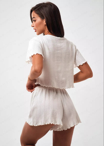 Ruffle Trim Two-Piece Lounge Set – Short Sleeve Top & Shorts