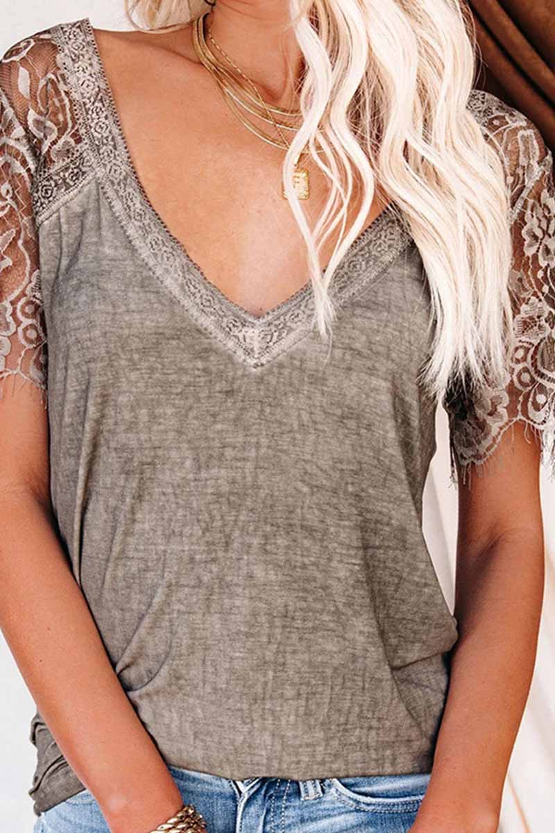 New Women's Lace Short Sleeve V-Neck Tops(3 Colors)