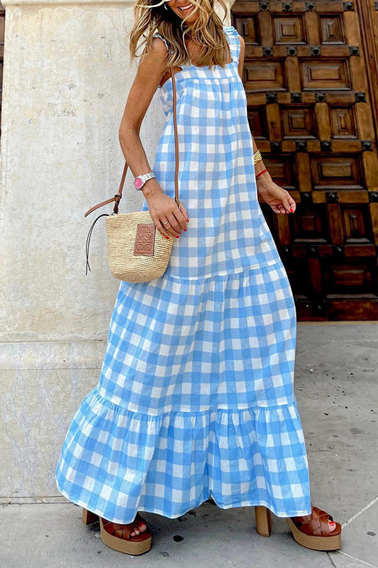 Vestido sin mangas con costuras a cuadros y tirantes, sin tirantes