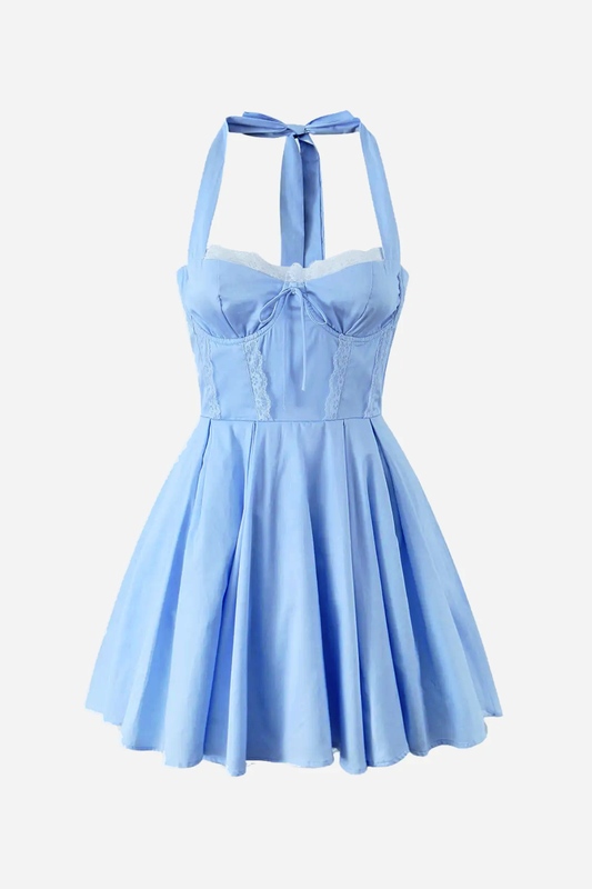 Vestido corto Esther con cuello halter, cordones y volantes en el dobladillo 