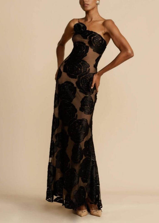 Rose Flower Three-Dimensional Burnt Flower Maxi Dress