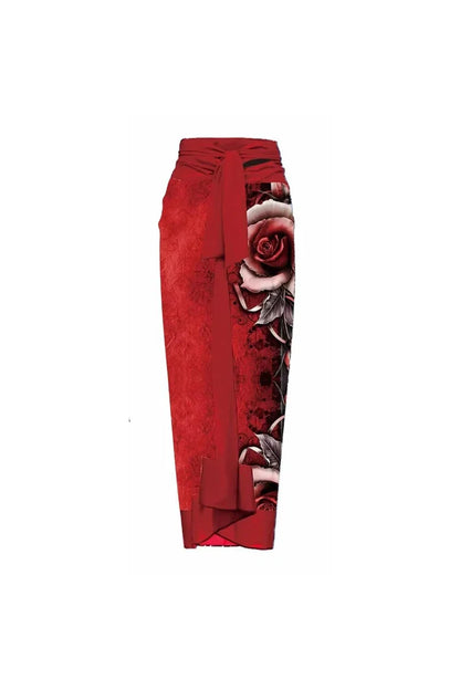 3D Red Floral Print One-Piece Swimsuit Set