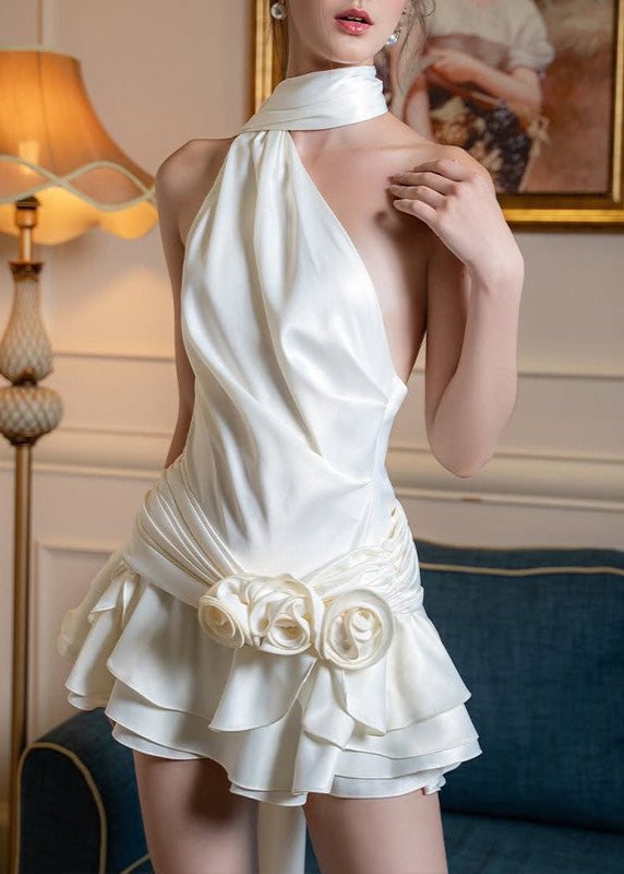 Rosette Mirage – One-Shoulder Satin Mini Dress with Layered Skirt