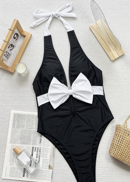 Monaco Bow - Halter Neck One Piece Swimsuit with White Front Tie