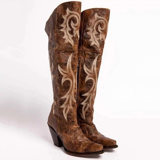 Botas altas bordadas de tacón medio para mujer estilo étnico