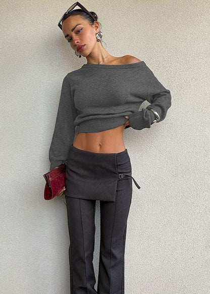 Off-Shoulder Cropped Knit Sweater – Minimalist Elegance