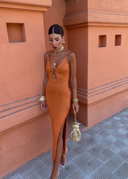Sienna Ring Detail Knit Maxi Dress – Rust Bodycon with Side Slit