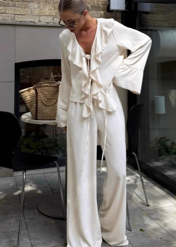 Serena Ruffle Lounge Set – Flowy Two-Piece with Wide-Leg Pants