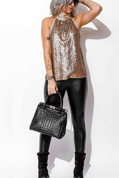 Tops de chaleco con lentejuelas sexys con cuello halter (3 colores)