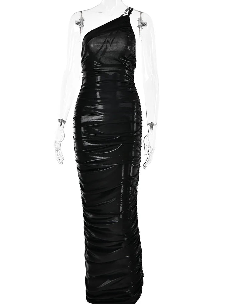 -Women&#8217;s One Shoulder Sleeveless Backless Dress, Pleated Bodycon, Temperament Dress, Female Party, Club, Evening