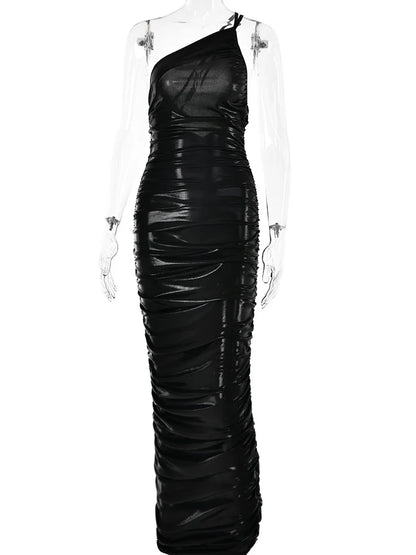 -Women&#8217;s One Shoulder Sleeveless Backless Dress, Pleated Bodycon, Temperament Dress, Female Party, Club, Evening