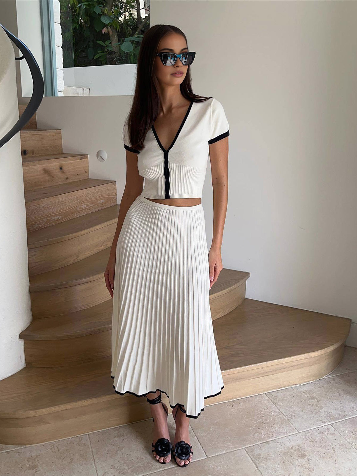Monaco Set - Ribbed Knit Crop Top & Pleated Midi Skirt