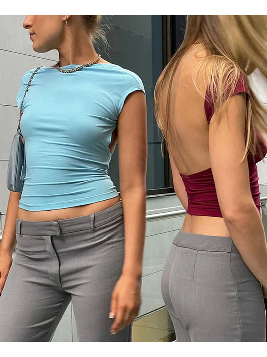 Backless Short Sleeve Blue Y2K Crop Top Women Casual O Neck 2025 Summer T Shirts Sexy Vintage Cut Out