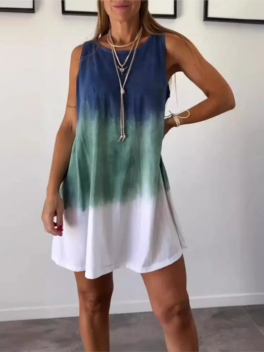 Vestidos cortos con estampado tie-dye degradado para mujer, novedad de verano 2025, moda holgada, cuello redondo, sin mangas, ropa de calle de moda, vestidos para mujer
