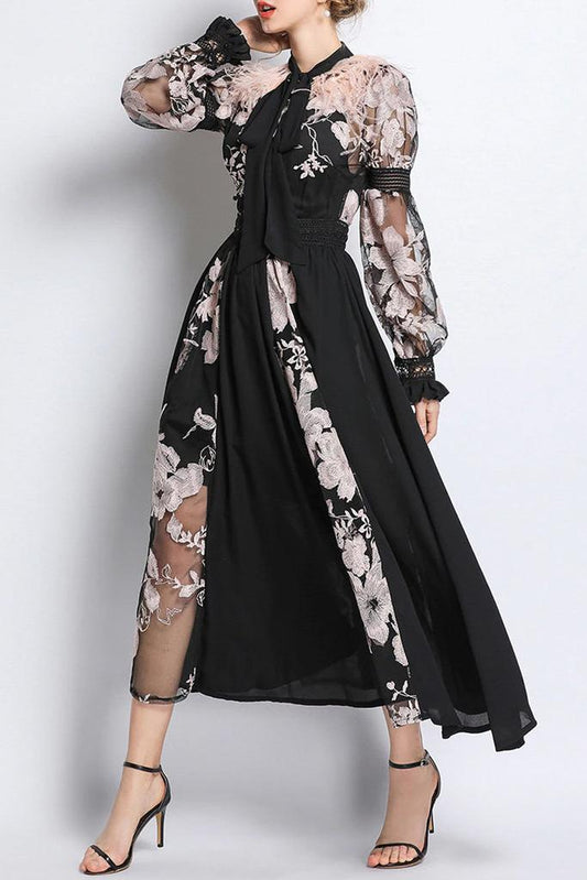 Vestido midi con cuello de bufanda y mangas largas con cordones 