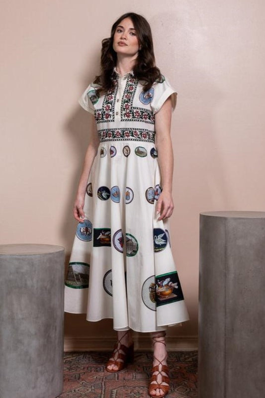 Vestido midi con botones y cuello camisero con estampado botánico 
