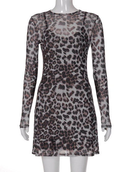 JULISSA MO Conjunto de dos piezas con estampado de leopardo para mujer, vestido sexy transparente de manga larga, vestido femenino de otoño ajustado, elegante, para fiesta y club.