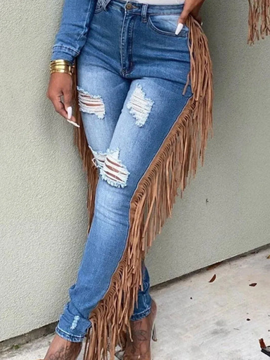 Pantalones vaqueros de verano de talla grande con diseño de borlas, pantalones ajustados rotos para mujer, pantalones cargo de calle Y2K