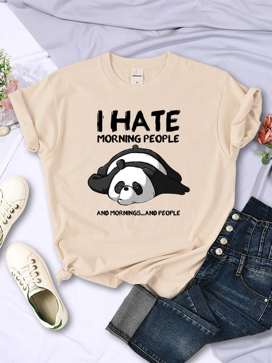 Camiseta de manga corta para mujer, diseño de panda perezoso que odio a la gente de la mañana, ropa creativa de matemáticas, estilo hip hop callejero, cuello redondo, para mujer