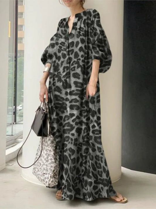 Leopard Print Long Dresses Women Fashion Temperament V-neck Puff Sleeves Loose Dress Trendy Bohemian Style Vestidos Spring New
