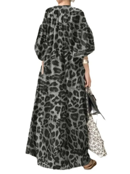 Leopard Print Long Dresses Women Fashion Temperament V-neck Puff Sleeves Loose Dress Trendy Bohemian Style Vestidos Spring New