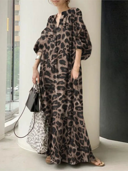 Leopard Print Long Dresses Women Fashion Temperament V-neck Puff Sleeves Loose Dress Trendy Bohemian Style Vestidos Spring New