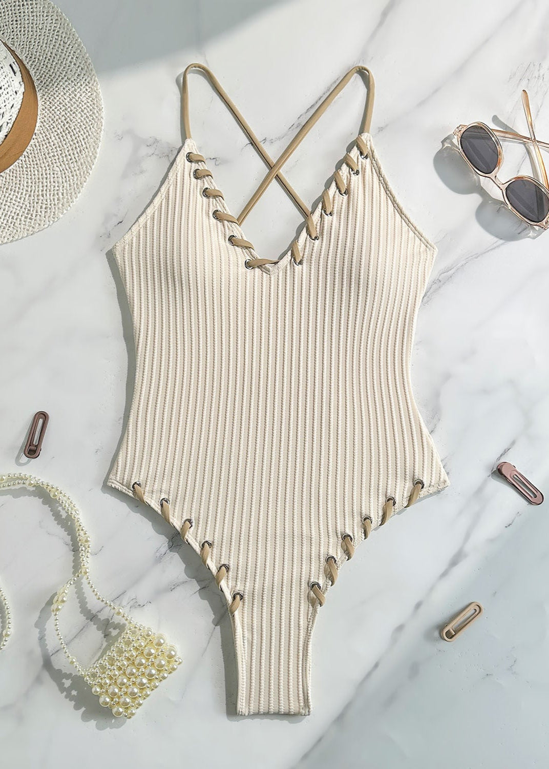 Lena - Ribbed Lace-Up One Piece Swimsuit