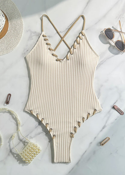 Lena - Ribbed Lace-Up One Piece Swimsuit