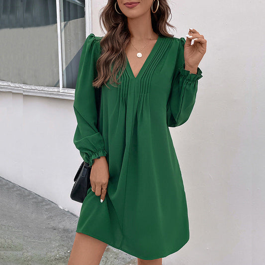Vestido de patchwork de otoño para mujer, ropa de mujer, cuello en V, plisado, manga larga.