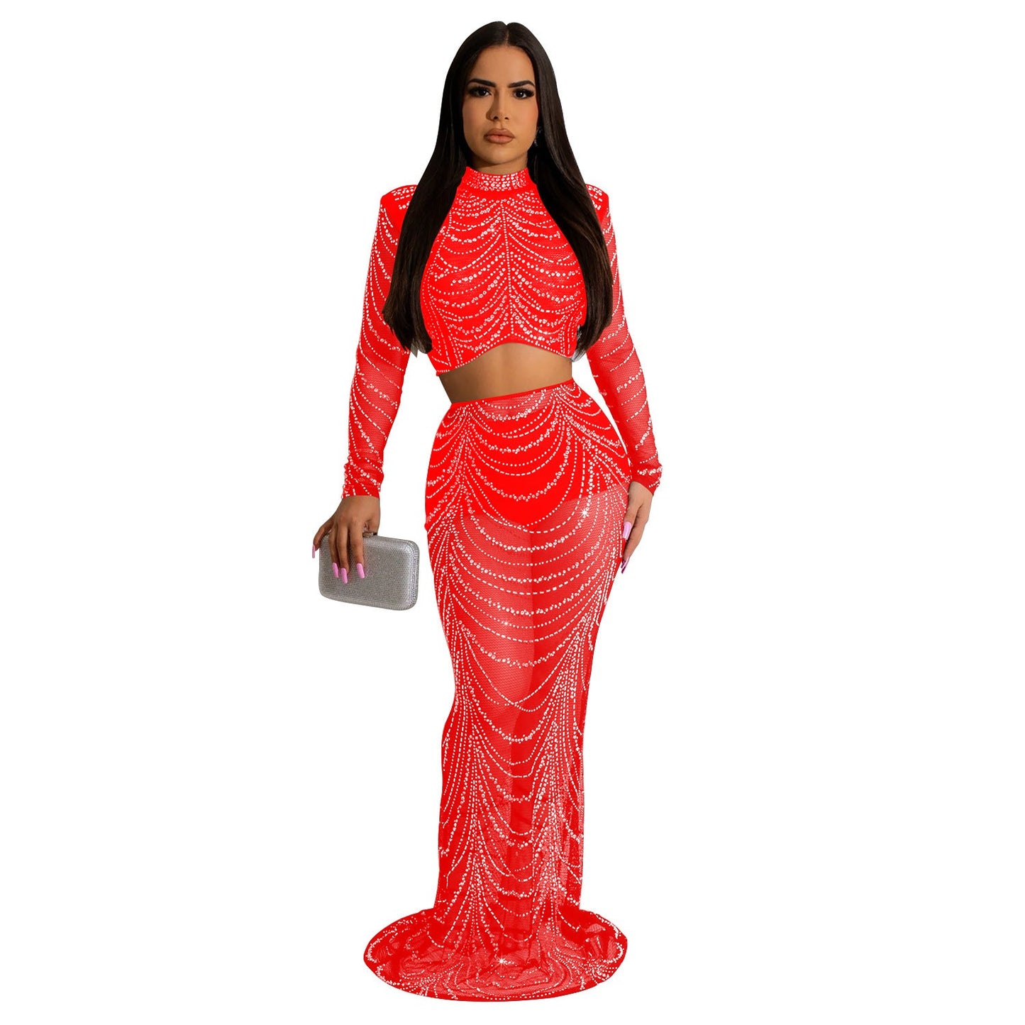 Conjunto de dos piezas formado por vestido y pantalón corto, de manga larga y malla con perforaciones en color liso para mujer