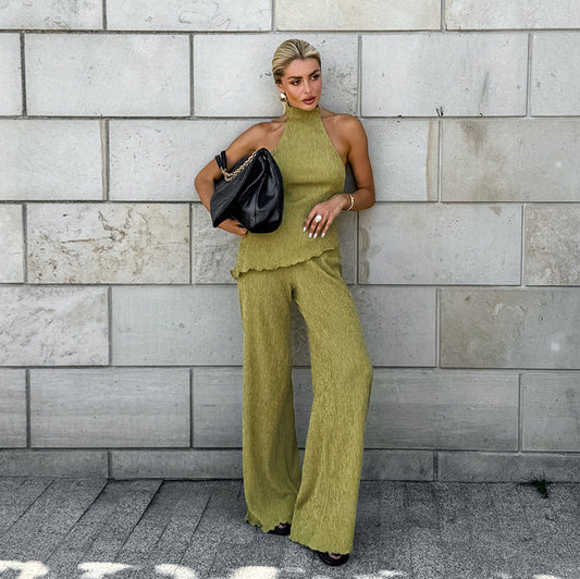 Conjunto de dos piezas formado por chaleco y pantalón ancho, para oficina, primavera y verano, color verde, sin mangas, para mujer