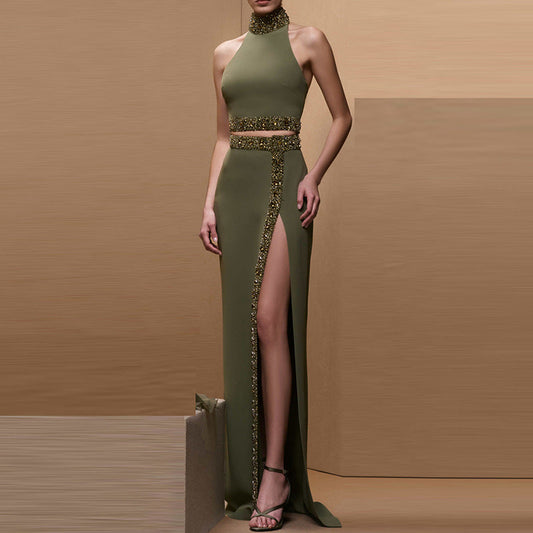 Spring Summer Heavy Industry Beads Diamond Halterneck Vest Top Split Long Skirt Set Two Piece Set