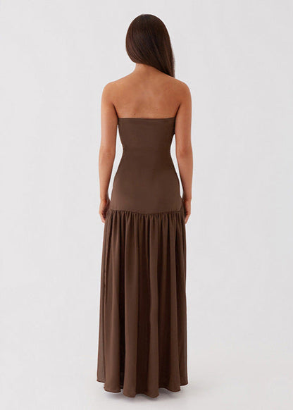 Mocha Drape – Strapless High Slit Maxi Dress