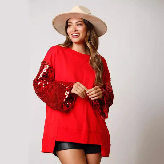 Sudadera de manga larga con lentejuelas y costuras superiores para mujer, moderna, para otoño e invierno, Navidad