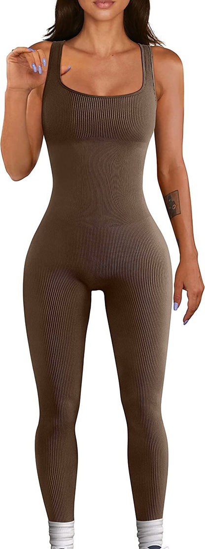 Mono de yoga sexy de verano para mujer, mono deportivo sin mangas con cuello cuadrado acanalado y pantalones