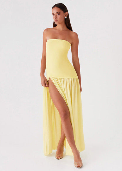 Solar Mirage – Strapless Yellow Maxi Dress with Side Slit