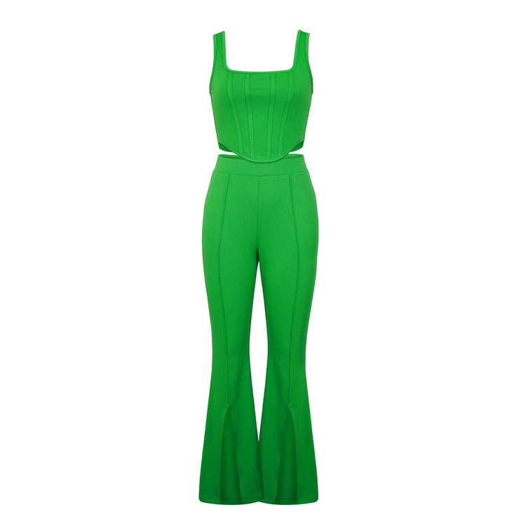 Summer Pants Suit Solid Color Office Sleeveless Vest Split Trousers Casual Two Suits