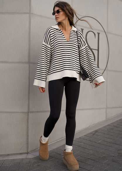 Mariner – Striped V-Neck Knit Sweater with Wide Sleeves