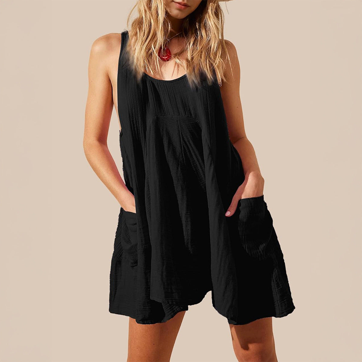 Spring Summer Casual Vacation Solid Color Patchwork Pocket Vest Dress Women Clothing